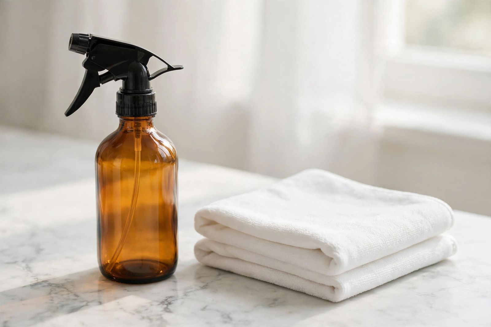 Spray bottle and microfiber cloth detail